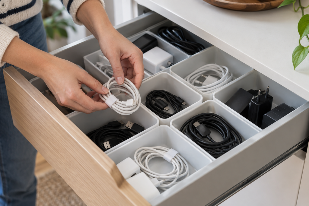 Cables y cargadores útiles agrupados en compartimentos de un cajón