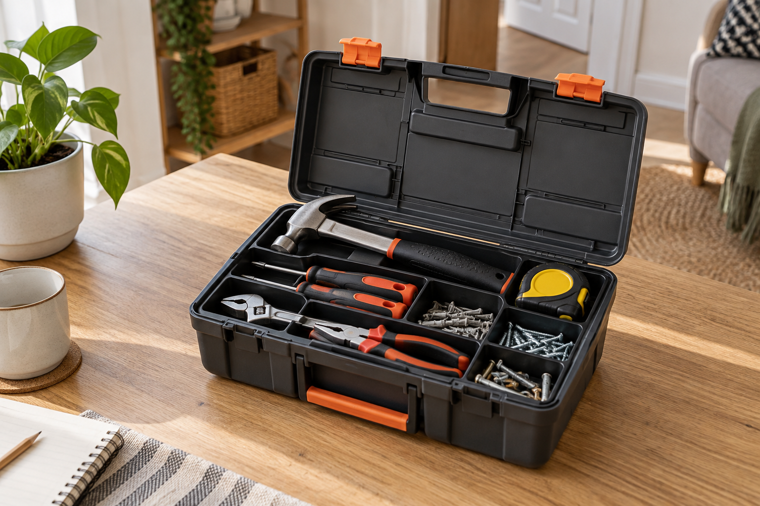 Caja de herramientas básicas para casa con útiles ordenados