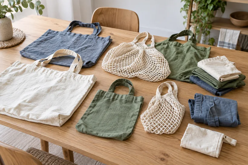 Bolsas reutilizables reunidas y clasificadas antes de guardarlas