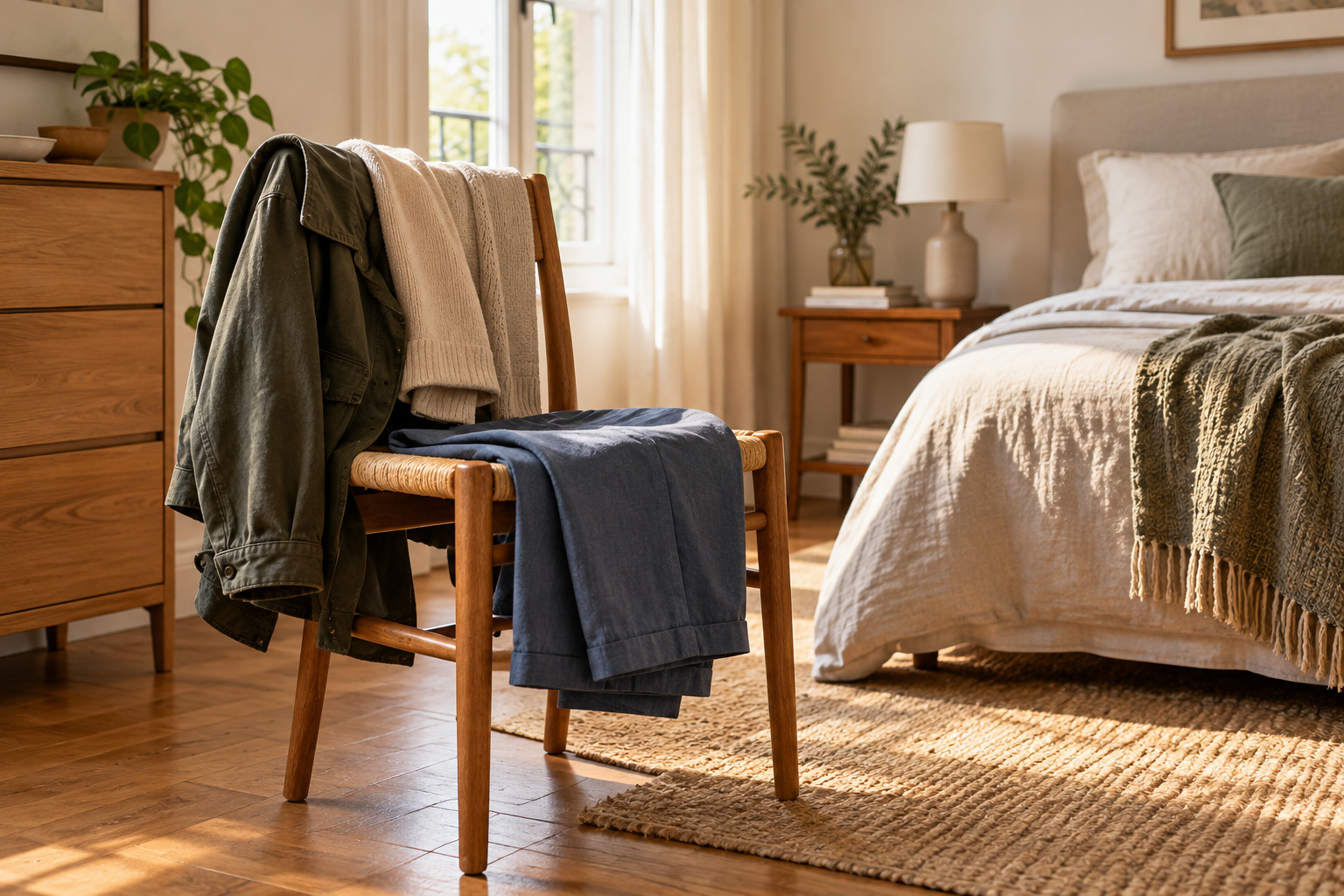 Silla de madera en un dormitorio con unos pantalones, un jersey y una chaqueta colocados para volver a usar.