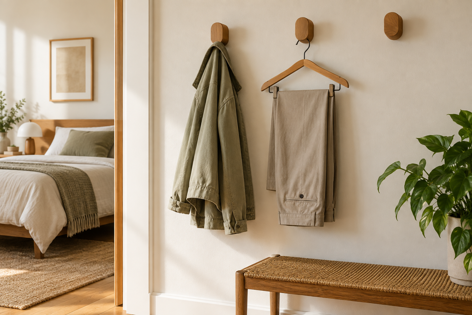 Tres ganchos de pared en un dormitorio; dos sostienen una chaqueta y unos pantalones, y uno queda libre.