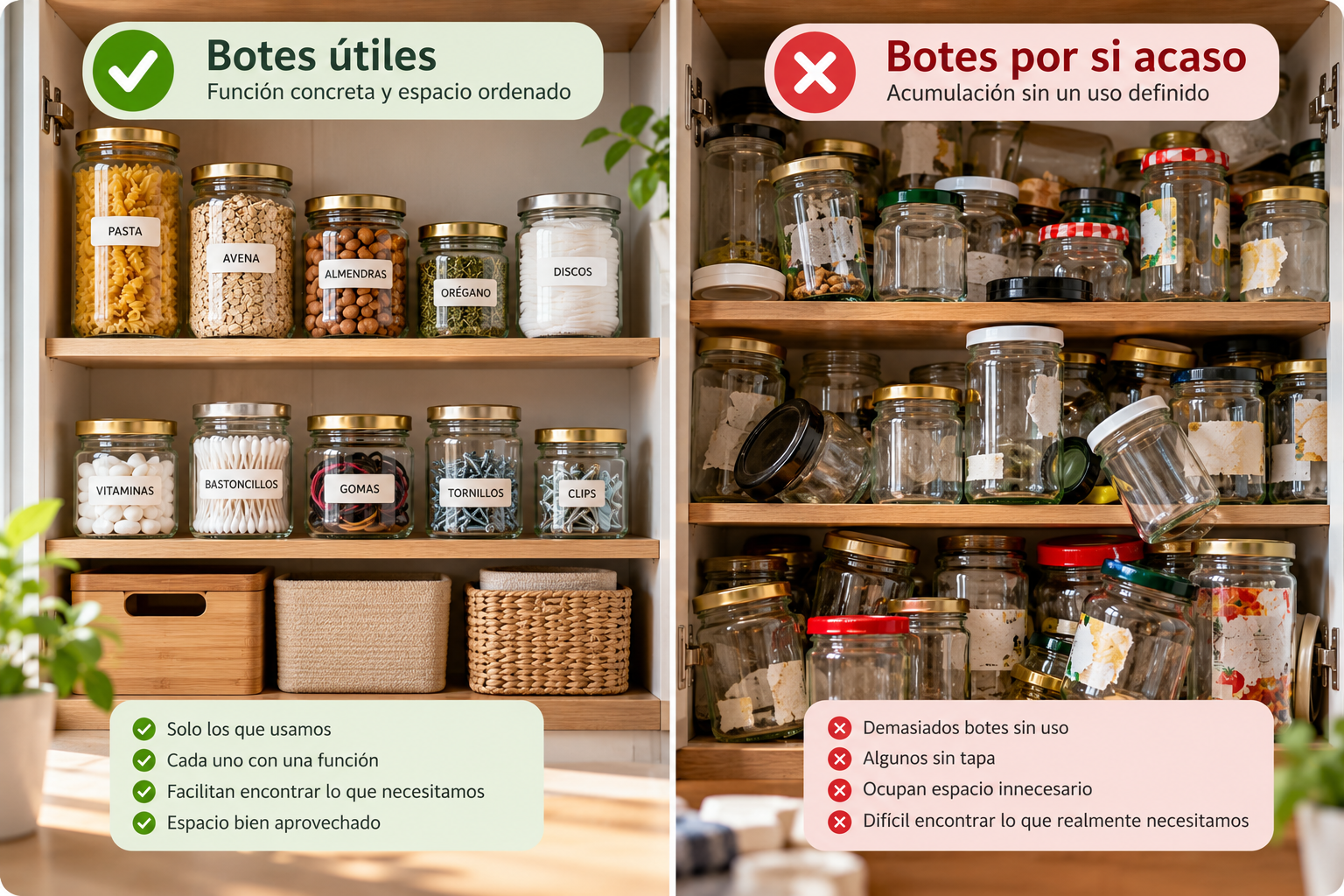 Comparación entre pocos botes de cristal útiles y una balda llena de recipientes vacíos acumulados.