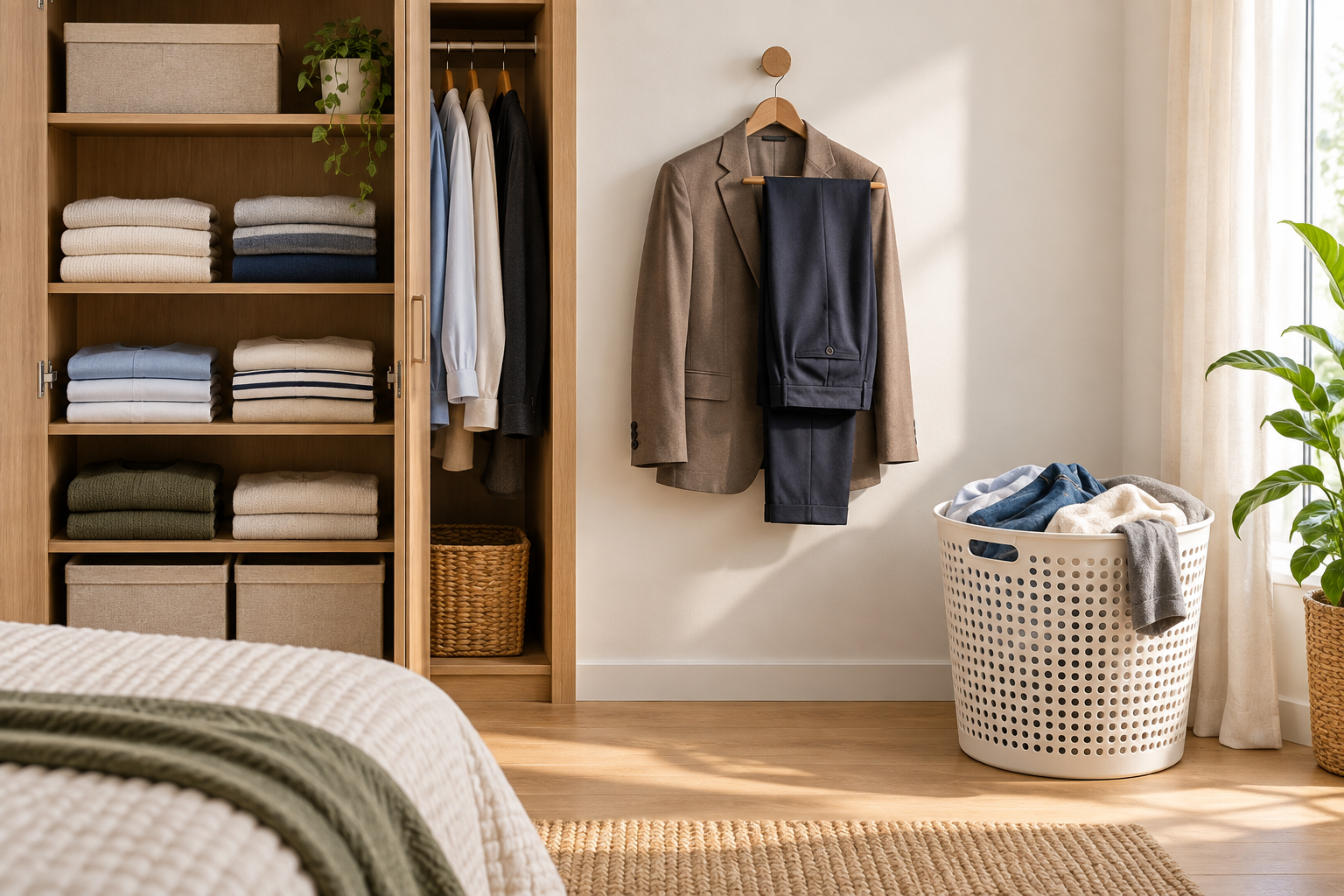 Dormitorio organizado con armario para ropa limpia, gancho con prendas para volver a usar y cesta para ropa de lavar.