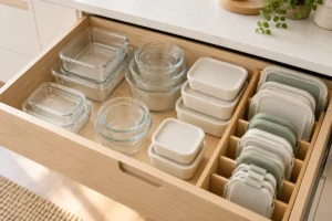 Recipientes de comida de cristal y plástico con sus tapas ordenados en un cajón de cocina