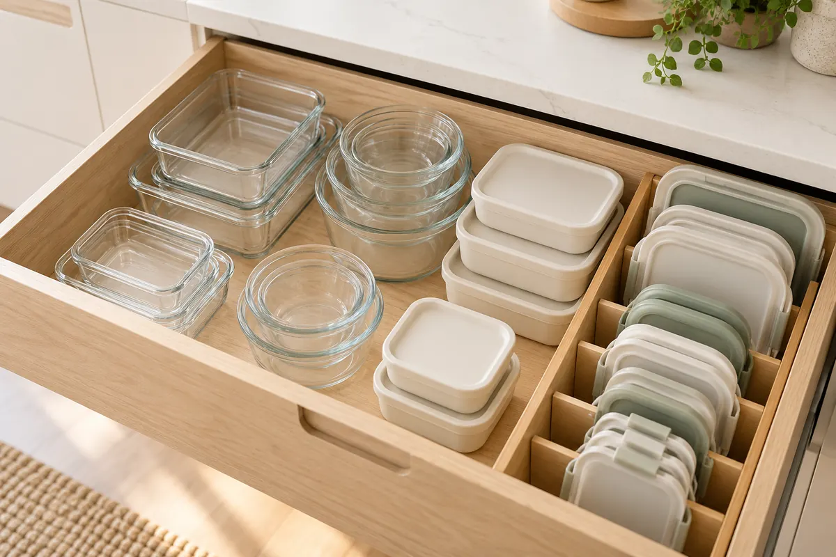 Recipientes de comida de cristal y plástico con sus tapas ordenados en un cajón de cocina