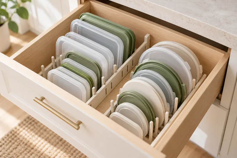 Tapas de recipientes colocadas en vertical con separadores dentro de un cajón de cocina de madera clara