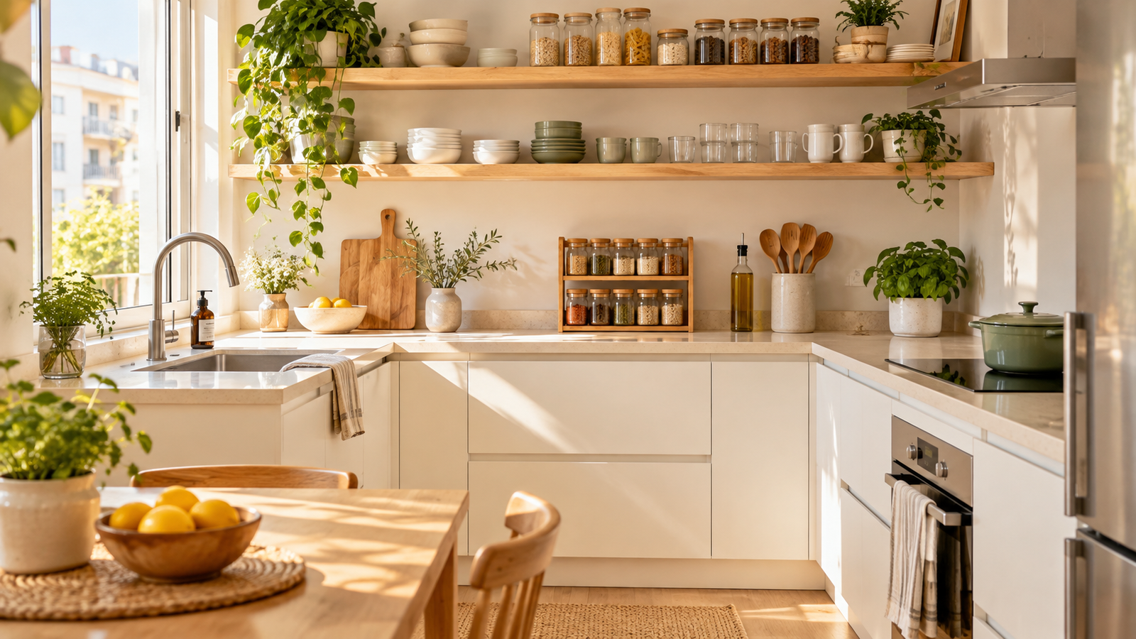 Cocina luminosa y ordenada con estantes de madera para aprovechar mejor la cocina sin obras.