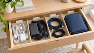 Cajón de cables organizado por función con cargadores, adaptadores y funda de viaje