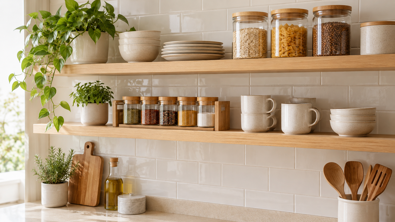 Estantes de pared de madera con botes de cristal para aprovechar el espacio de una cocina sin obras.