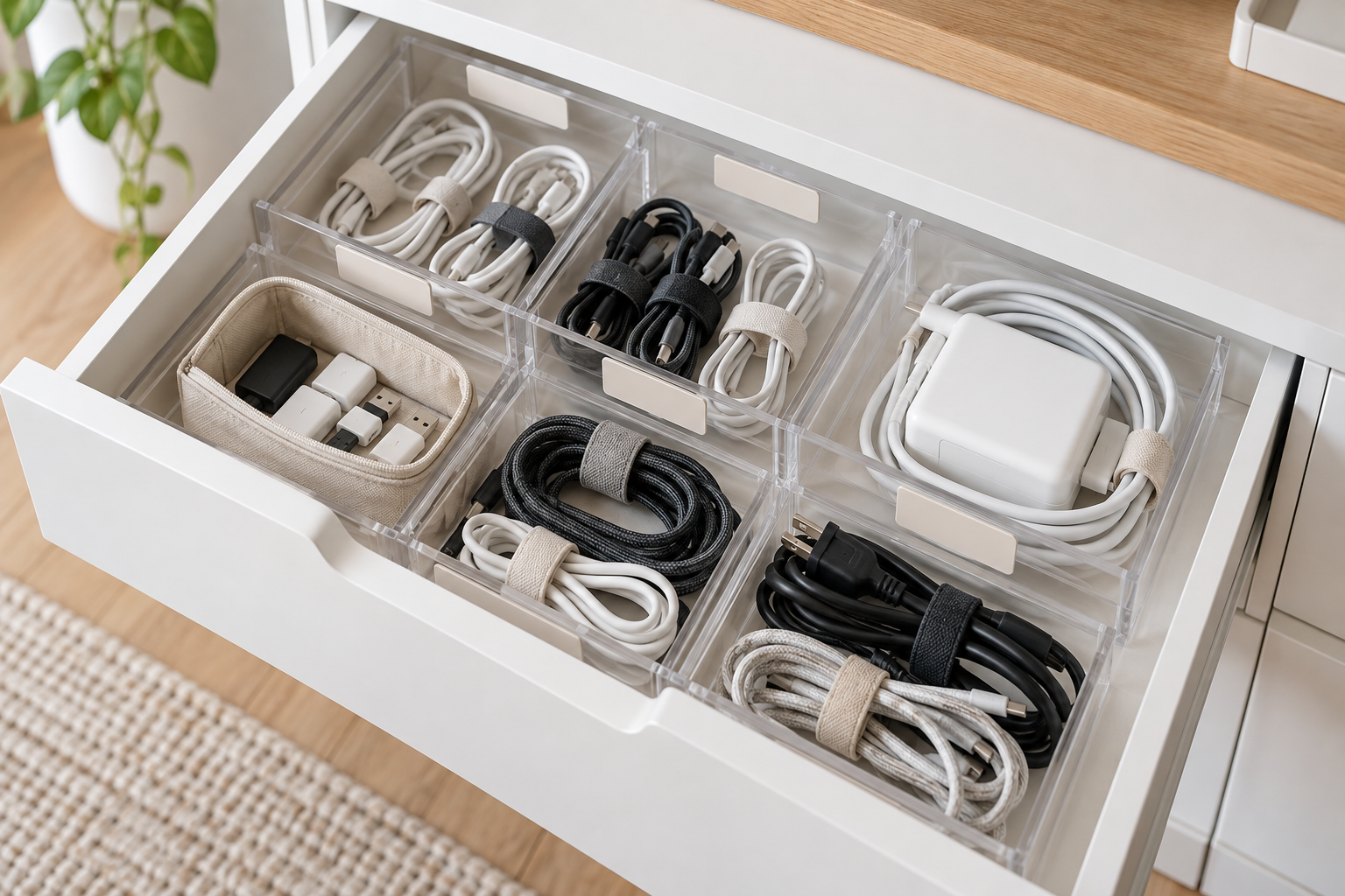 Organizador de cajón para cargadores y adaptadores con compartimentos separados
