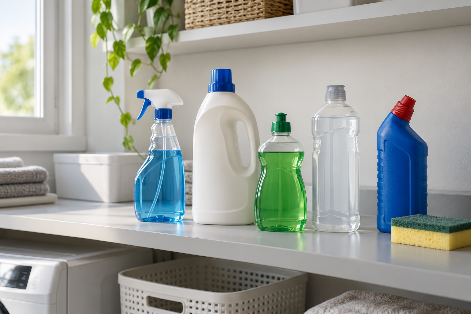 Varios productos de limpieza domésticos cerrados y separados sobre una superficie ordenada.