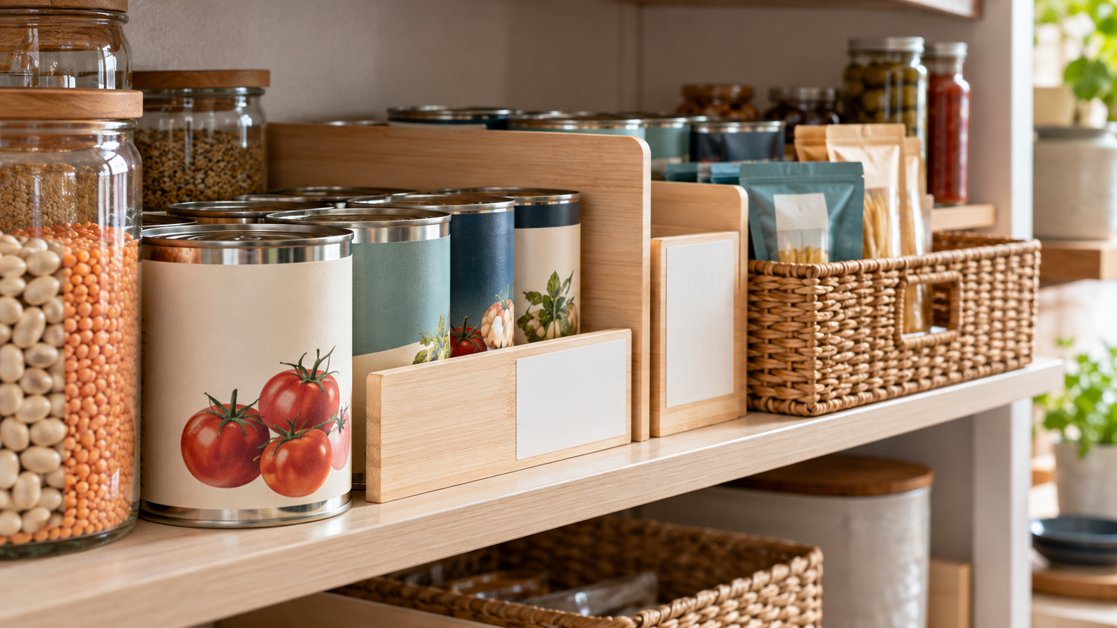 Productos nuevos detrás y alimentos abiertos delante